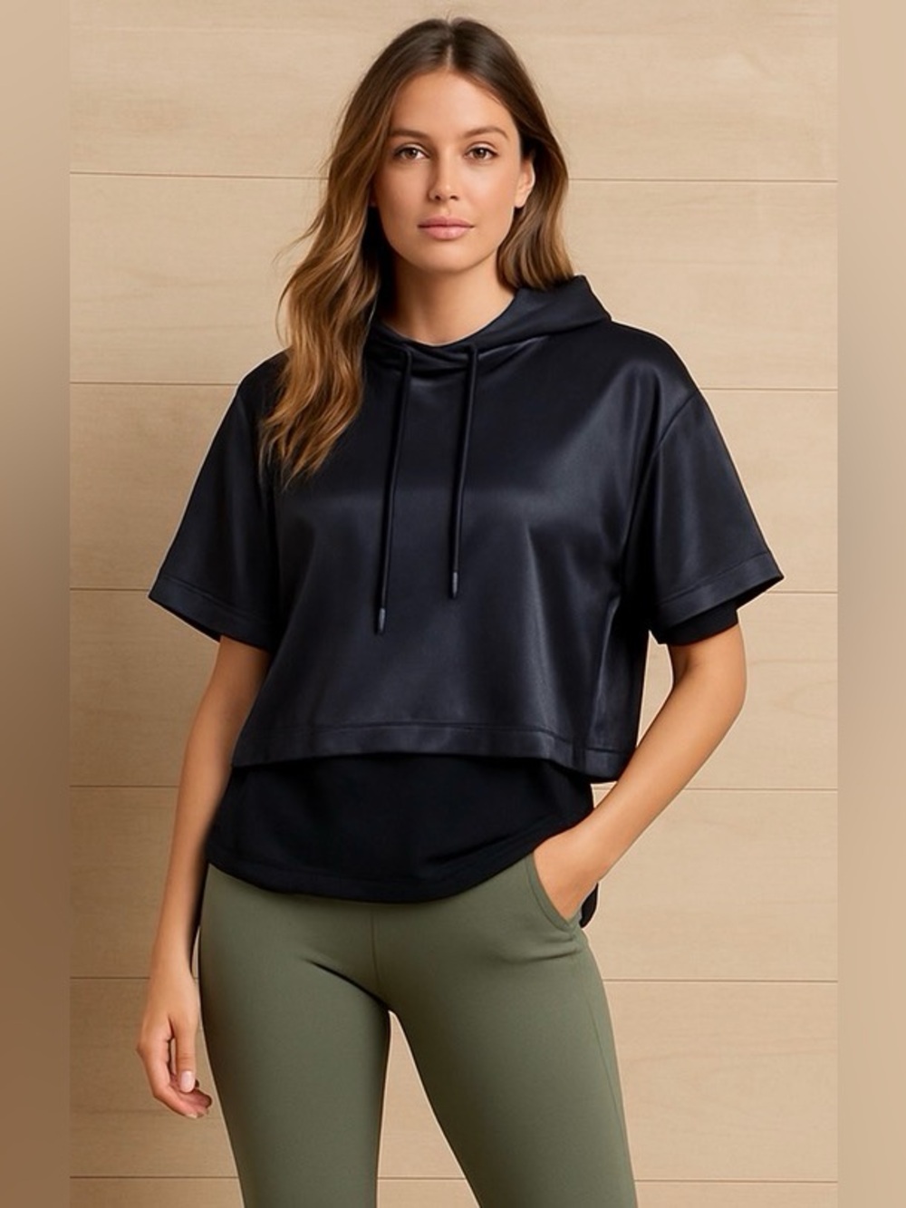 mittoshop Short-Sleeve Cropped Hoodie, Black, Size S